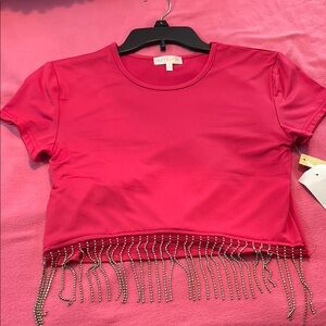 Rue21 Vibrant Pink Crop Top with Beaded Fringe
